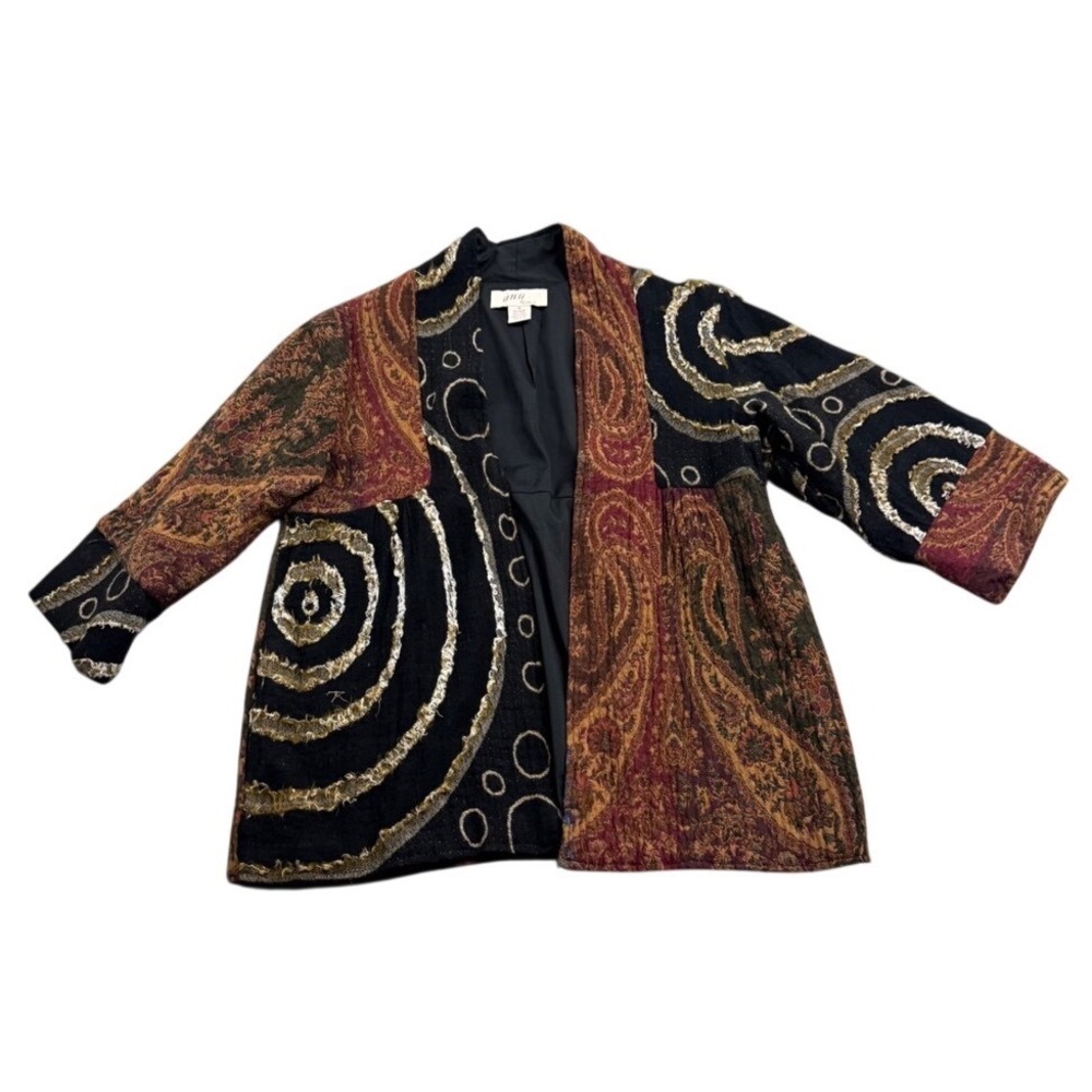 VTG Anu by Natural Women's Wool Patchwork Abstract Art Open Jacket S/S Retro Y2k